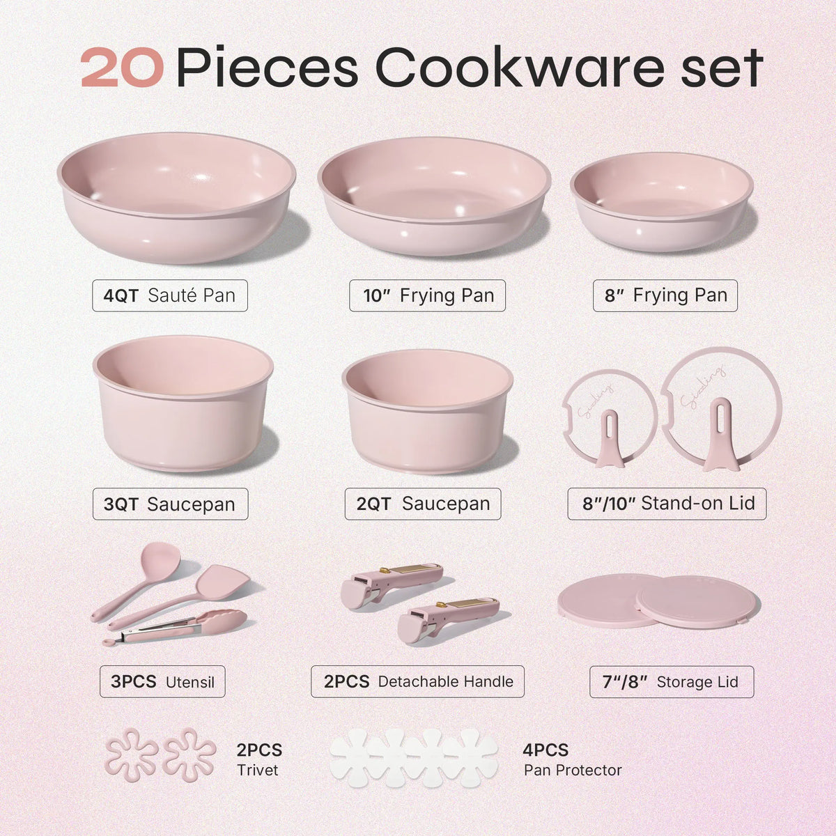 20Pcs Ceramic Cookware Set Stand-Up Lid with Detachable Handle Set, Non Stick Pots and Pans Set Non Toxic, PFAS Free