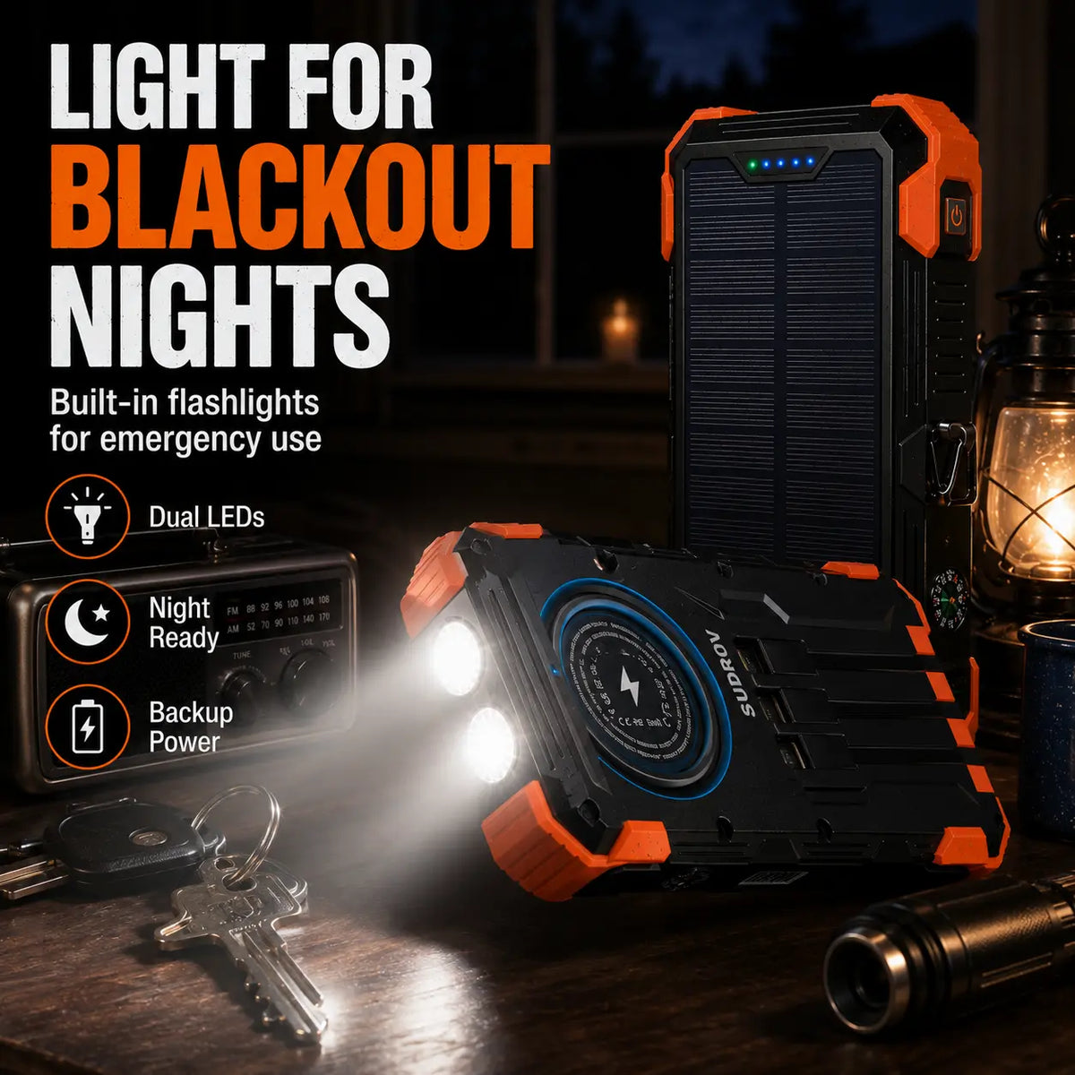42800mAh Solar Portable Power Bank 15W Fast Charge | Wireless Charging, 4 Built-in Cables & 7 Output Ports