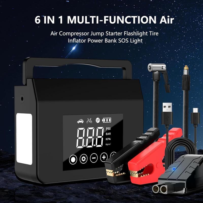Portable Car Jump Starter with Air Compressor, (ALL Gas/7.0L Diesel) with 150PSI Tire Inflator, 12V Car Battery Jump Power,15000mAh Power Bank With LED Light