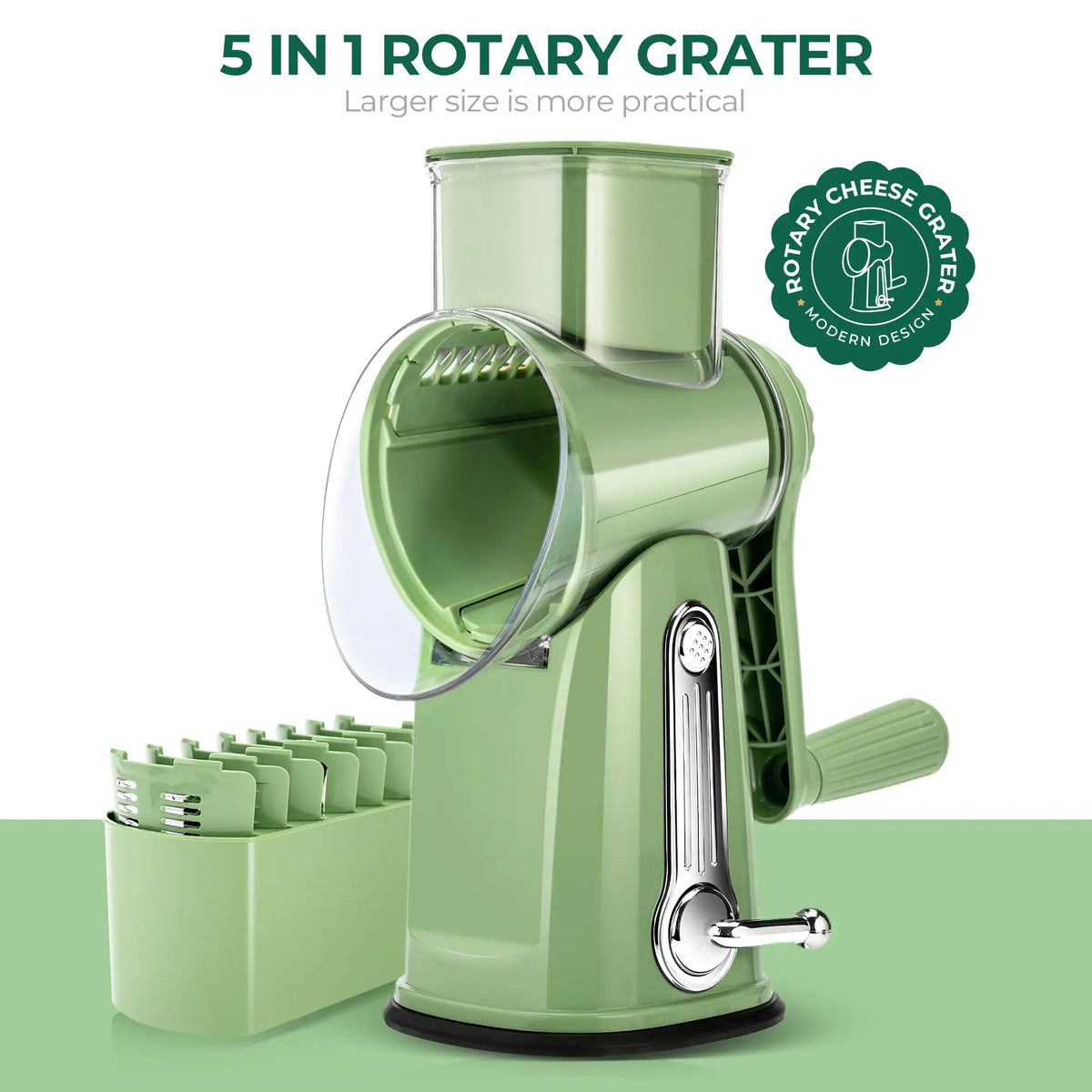 Rotary Grater | 5 Exquisitely Designed Blades in Different Shapes + Heavy-Duty Suction Cup Base