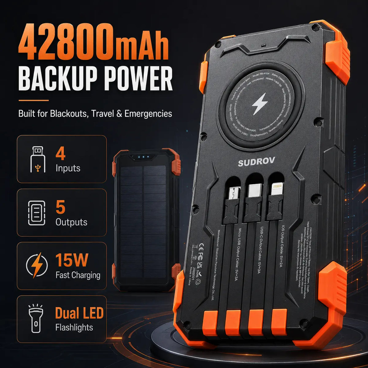 42800mAh Solar Portable Power Bank 15W Fast Charge | Wireless Charging, 4 Built-in Cables & 7 Output Ports