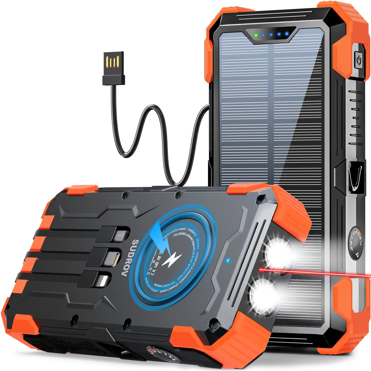 42800mAh Solar Portable Power Bank 15W Fast Charge | Wireless Charging, 4 Built-in Cables & 7 Output Ports