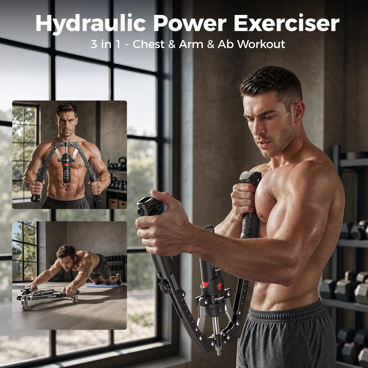 Adjustable Hydraulic Arm Trainer | 22-440lbs Foldable | Equipment with Ab Roller Wheel, Home Gym Exercise Equipment (Pad & Bag Incl.) for Men Women