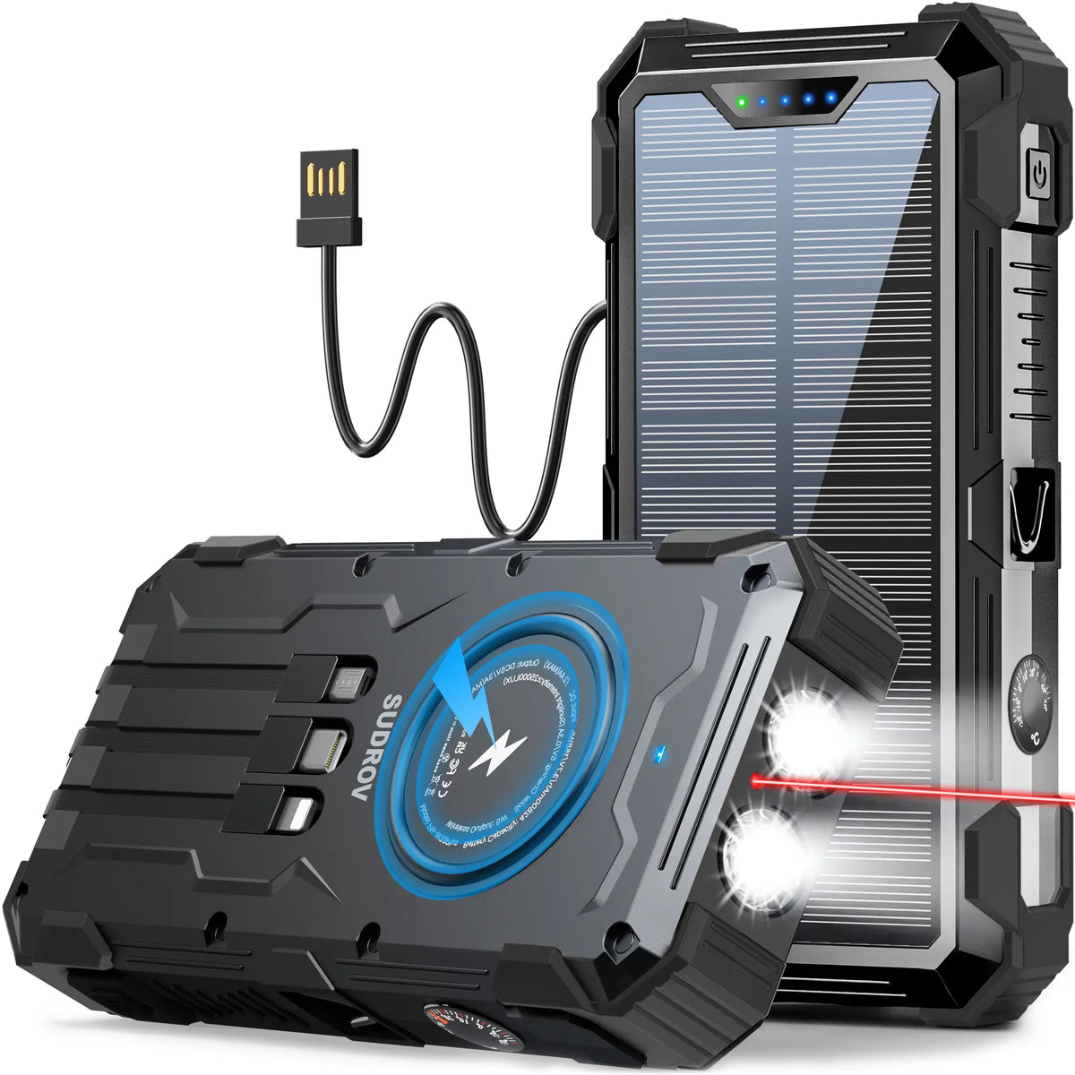 42800mAh Solar Portable Power Bank 15W Fast Charge | Wireless Charging, 4 Built-in Cables & 7 Output Ports