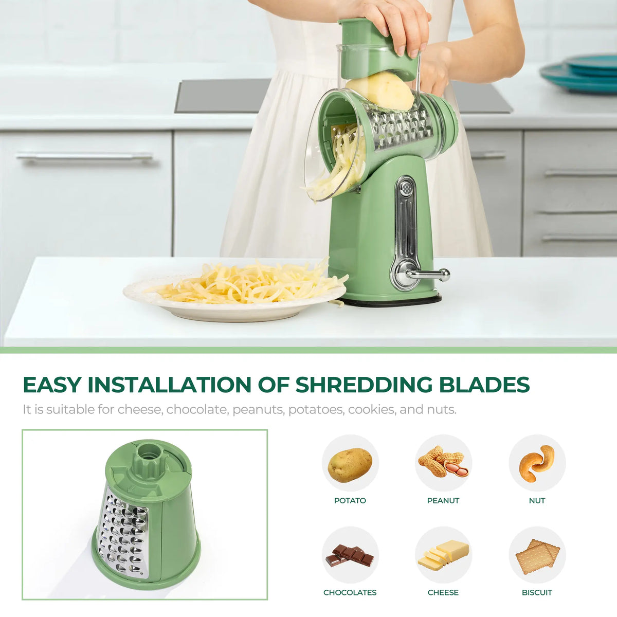 Rotary Grater | 5 Exquisitely Designed Blades in Different Shapes + Heavy-Duty Suction Cup Base