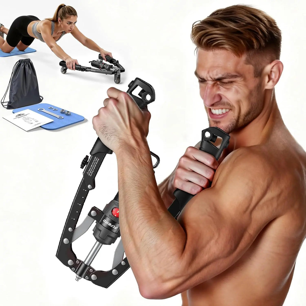 Adjustable Hydraulic Arm Trainer | 22-440lbs Foldable | Equipment with Ab Roller Wheel, Home Gym Exercise Equipment (Pad & Bag Incl.) for Men Women