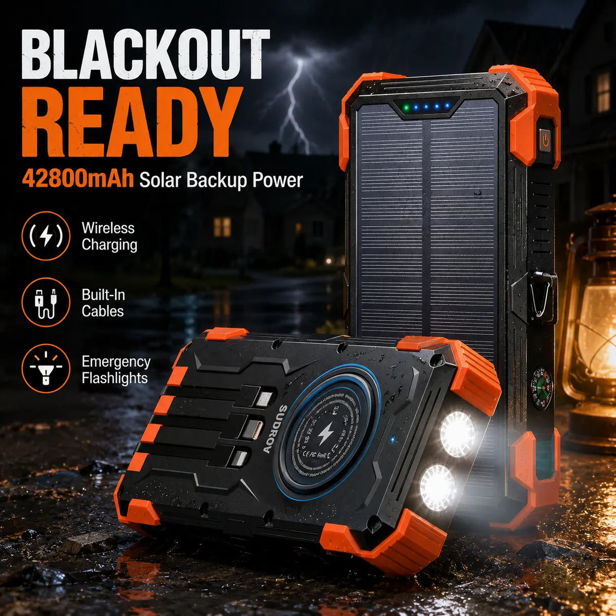 42800mAh Solar Portable Power Bank 15W Fast Charge | Wireless Charging, 4 Built-in Cables & 7 Output Ports
